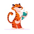 Portrait of funny tiger character with coffee pot and cup in his paws isolated on white background.