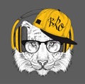 The tiger portrait in hip-hop hat. Vector illustration.