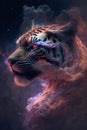 Tiger portrait in space with stars and nebula, 3D illustration