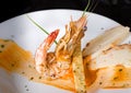 Tiger prawn with spicy sauce with nice decoration. Royalty Free Stock Photo