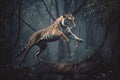 A tiger predator jumps out of the green jungle, close-up. Carnivore animal hunter of the wild. AI generated.