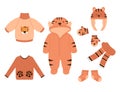 Cute Sets of winter Children\'s Clothing with a Tiger theme. Fun Set with Tiger print in flat style.