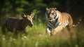 Tiger in Pursuit of Deer in Lush Greenery