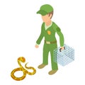 Tiger python icon isometric vector. Man in green uniform near python snake icon