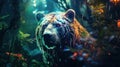 A tiger in the rain with colorful lights, AI