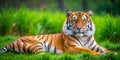 Tiger reclining in the emerald embrace of the grass each stripe a brushstroke of cosmic fire Generative By AI