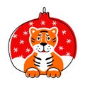 Tiger and red Christmas tree toy. Funny doodles on a New Year\'s theme. Royalty Free Stock Photo