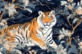 Tiger resting amidst tropical foliage on a dark blue background