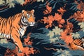 Tiger resting amidst tropical foliage on a dark blue background