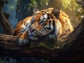 Tiger resting on the birch branch