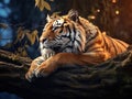 Tiger resting on the birch branch