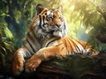 Tiger resting on the birch branch