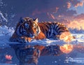Tiger resting in snow with moon reflection in water Royalty Free Stock Photo