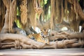 tiger resting under the shade of a banyan tree