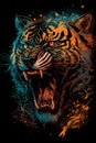 Tiger roaring poster, tshirt design. Isolated on black background. Ai generative
