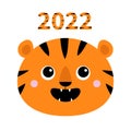 2022. Tiger roaring yawing face icon. Happy New Year. Open mouth fang. Cute cartoon kawaii funny baby animal character. Childish