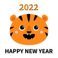 Tiger roaring yawing face icon. Happy New Year 2022. Open mouth fang. Cute cartoon kawaii funny baby animal character. Childish