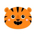 Tiger roaring yawing face icon. Open mouth fang. Cute cartoon kawaii funny baby animal character. Childish print for nursery, kids