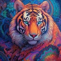 Tiger face surrounded by abstract colorful pattern