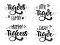 Tiger`s Family set of hand draw calligraphy script lettering whith dots, splashes and whiskers decore Royalty Free Stock Photo