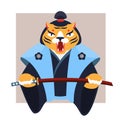 Tiger in samurai clothes with katana sword. Wild animal warrior vector illustration Royalty Free Stock Photo