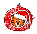 A tiger in a Santa Claus hat and a Christmas tree toy. Merry Christmas illustration. Royalty Free Stock Photo