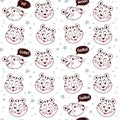 Seamless pattern with cute little tiger characters portrait smile, happy, wink, speak isolated.