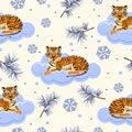 Tiger seamless pattern on a snowy cloud, pine branches, snowflakes. New year 2022 animalistic pattern.