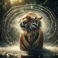 Tiger shakes himself dry after bathing in pool