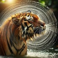 Tiger shakes himself dry after bathing in pool