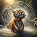 Tiger shakes himself dry after bathing in pool