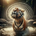 Tiger shakes himself dry after bathing in pool