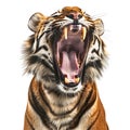 A tiger is shown with its mouth wide open, showing its teeth on a white backdrop