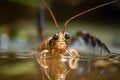 tiger shrimp prawn swimming against stream of water, with its claws and face in view