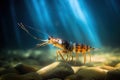 tiger shrimp prawn swimming in clear blue water with sunlight shining through