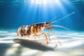 tiger shrimp prawn swimming in clear blue water with sunlight shining through