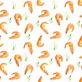 Tiger shrimp. Seamless pattern made from Prawn isolated on a white background. Seafood seamless pattern with shrimps Royalty Free Stock Photo