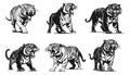 Tiger silhouettes. Roar tigers with bared fangs and open mouth adorable vector graphics