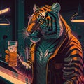 Tiger sitting at bar with glass of beer in its paw. Crafted beer, bar concept. Generative AI