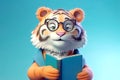 Tiger Smiling Bookworm. Character Wearing Glasses And Reading A Book. Illustration Part Of Animals In Library Collection.