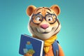 Tiger Smiling Bookworm. Character Wearing Glasses And Reading A Book. Illustration Part Of Animals In Library Collection.