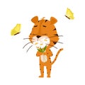 Tiger sniffs daisies, butterflies fly Cute cartoon character. The tiger is the symbol of the year 2022. Vector