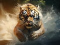 Tiger with splash river water. Action wildlife scene with wild cat in nature habitat. Tiger running in the water. Danger animal Royalty Free Stock Photo