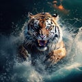Tiger with splash river water. Action wildlife scene with wild cat nature habitat. Tiger running in the water