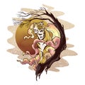 Tiger standing on the tree with steam cloud design for illustration painting with grain with red warm tone technic