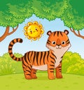 Tiger stands in the forest in the summer