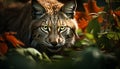 Tiger staring, striped fur, cute portrait in nature generated by AI