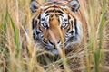 tiger stealthily advancing through tall grass