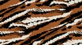 Tiger stripes nature seamless pattern. Hand drawn zoo animal print silhouettes, doodle line art, half tones brown black