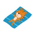 The tiger is sunbathing in the sun, lying on a towel. Cute cartoon character. The tiger is the symbol of the year 2022